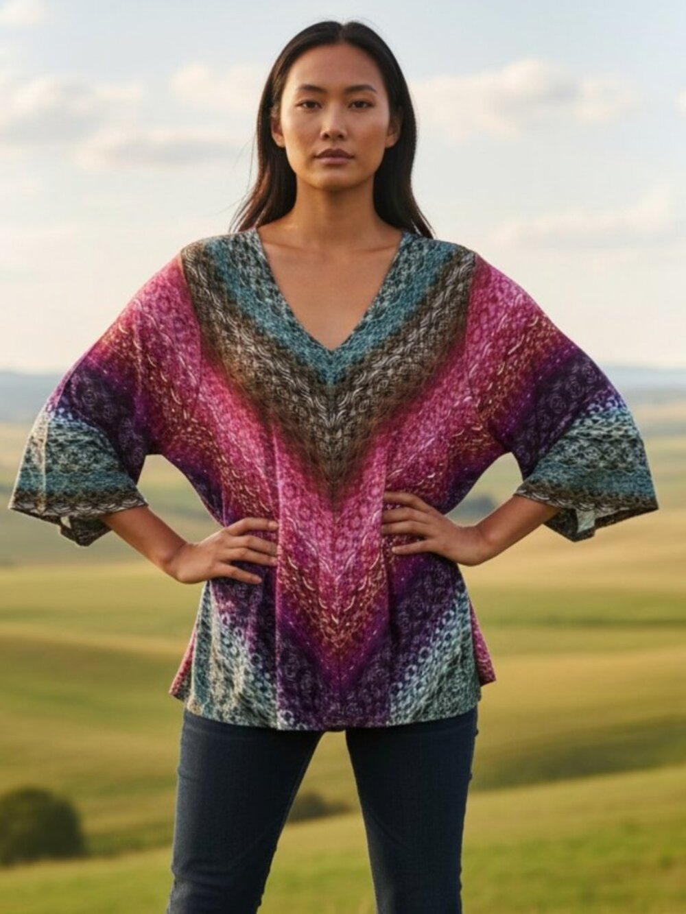 NWT Democracy Boho Abstract Chevron Angel Sleeve V-Neck Top Blouse L Multicolor - Picture 9 of 9